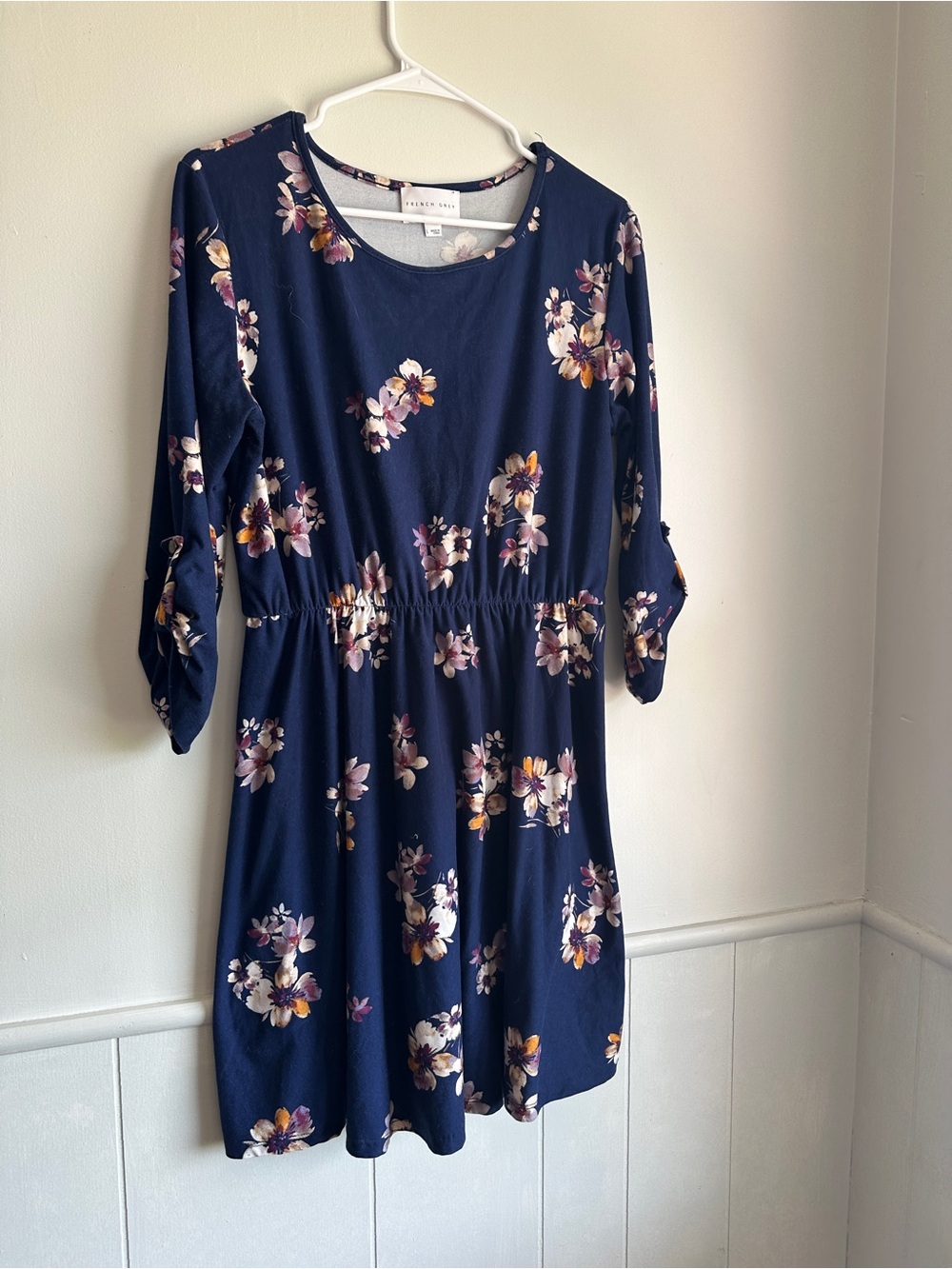 French Grey Navy Floral Elastic-Waist Midi Dress